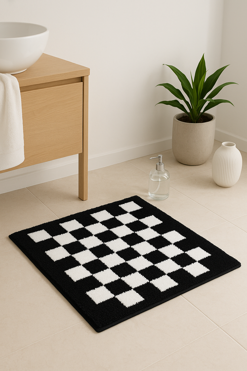 Tapis de bain motif damier moderne microfibre absorbante