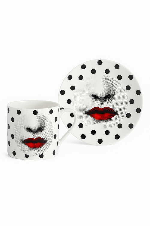 tasse porcelaine motif visage artistique avec soucoupe