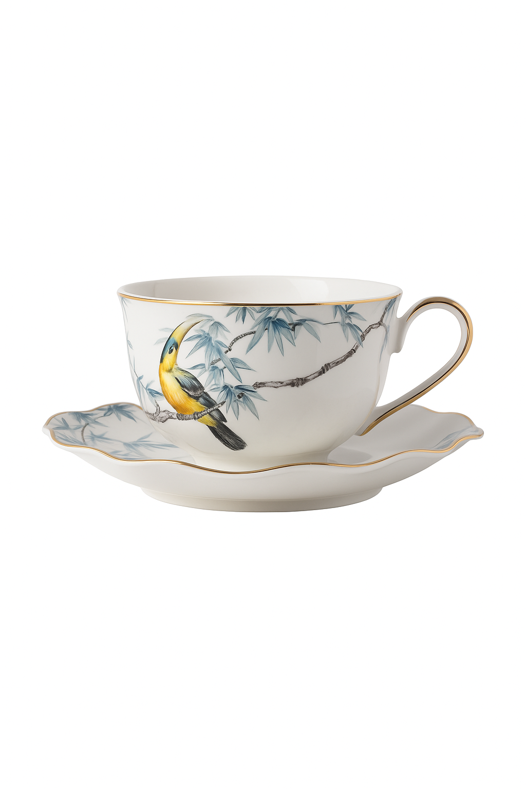 Tasses et soucoupes motifs fleurs oiseaux céramique main