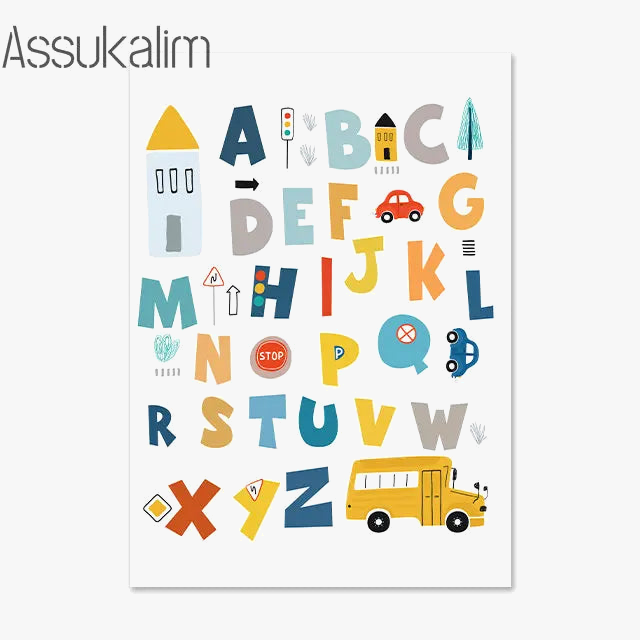 toile murale personnalisée alphabet jouets voitures décoration enfant