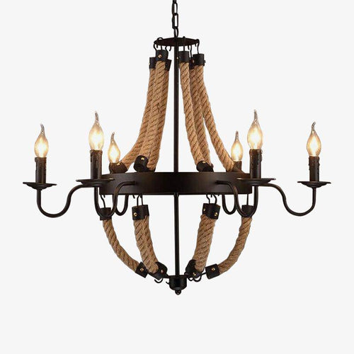 Lustre rustique en métal et cordages avec lampes en flamme
