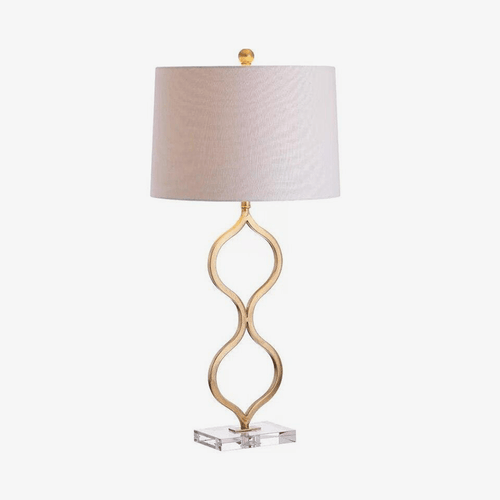 Lampe à poser design LED avec tige dorée courbée et abat-jour cylindrique