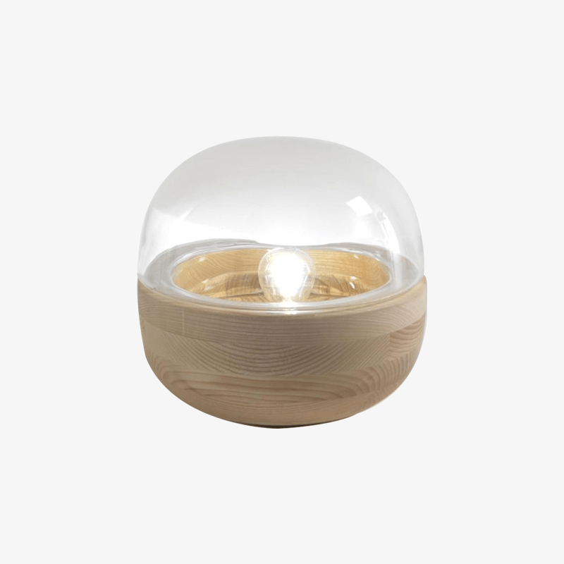Lampe à poser moderne LED avec base en bois et socle en verre arrondie - vue 2 sur 4