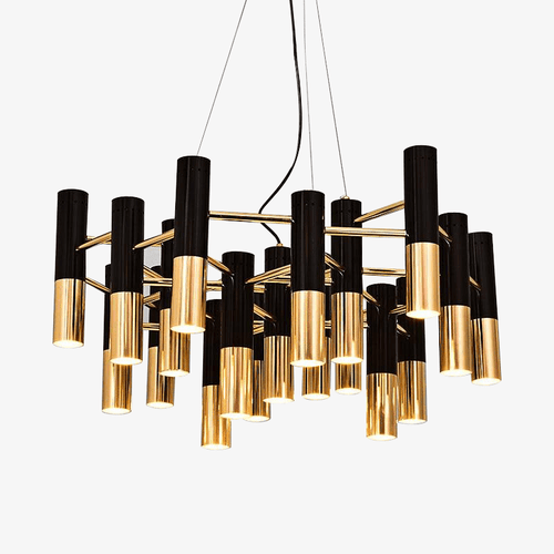 Lustre design avec tubes en métal noir et doré Italy