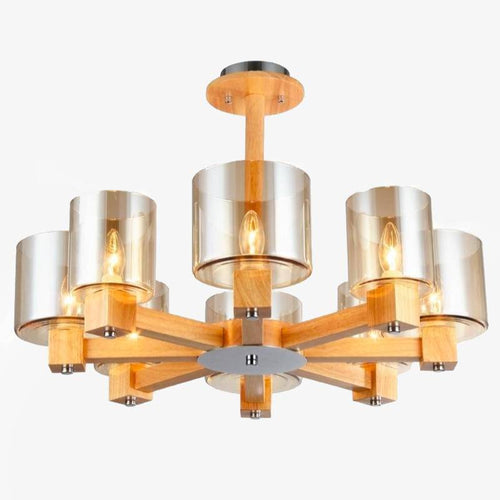 Lustre design en bois et abat-jour en verre