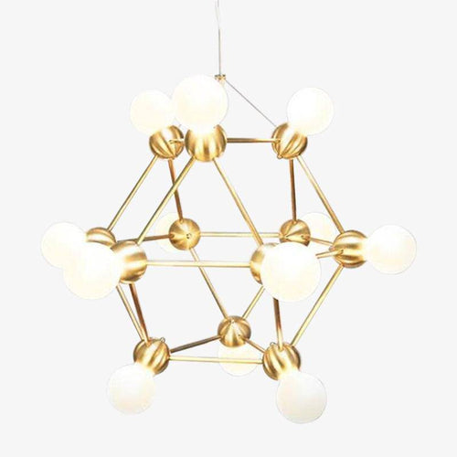 Lustre design géométrique avec plusieurs bras dorés et boules Molecule