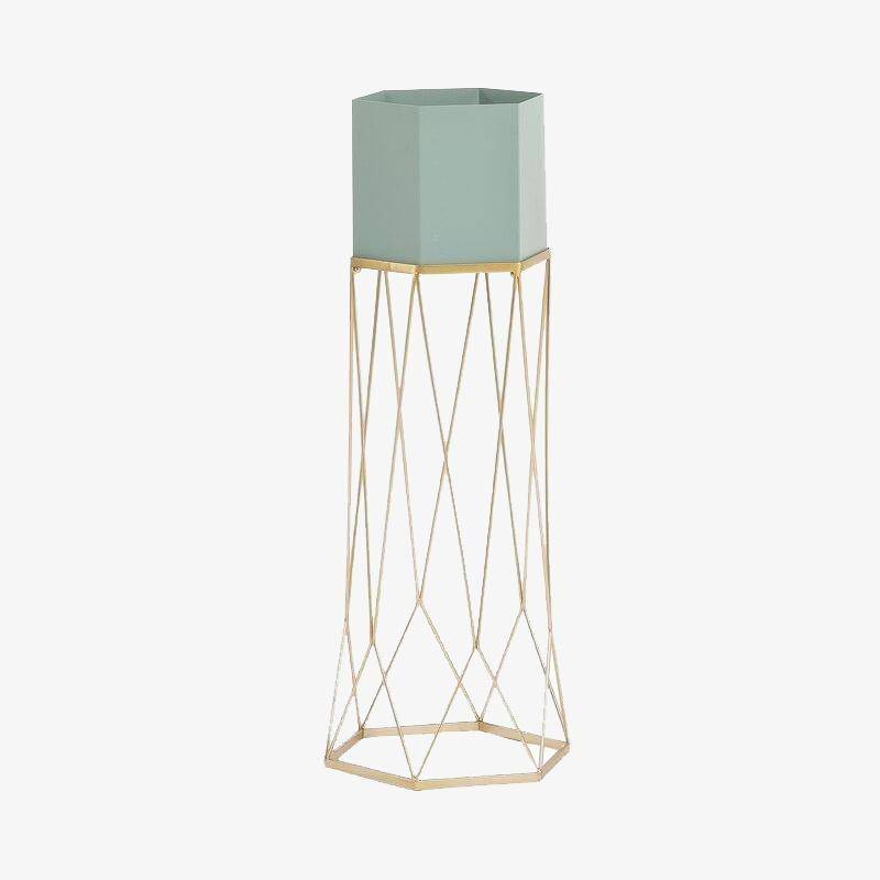 Piédestal sur pied haut design en métal avec pot géométrique - vue 2 sur 15