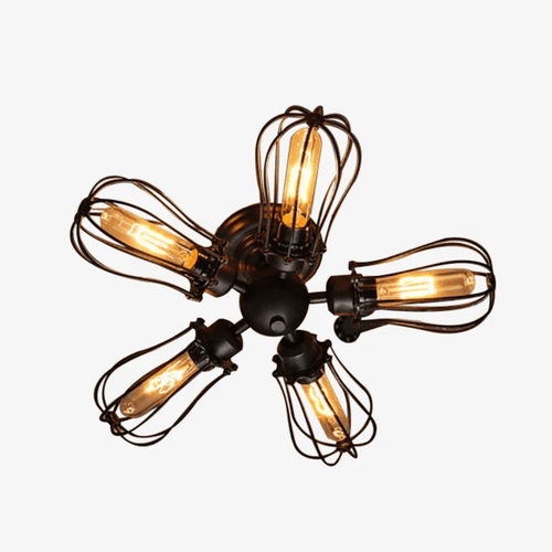 Plafonnier rustique avec lampes en cages de métal