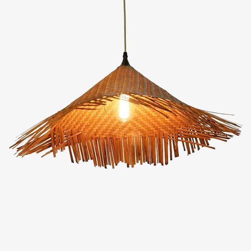 Suspension rustique LED avec abat-jour en rotin triangulaire style Asian