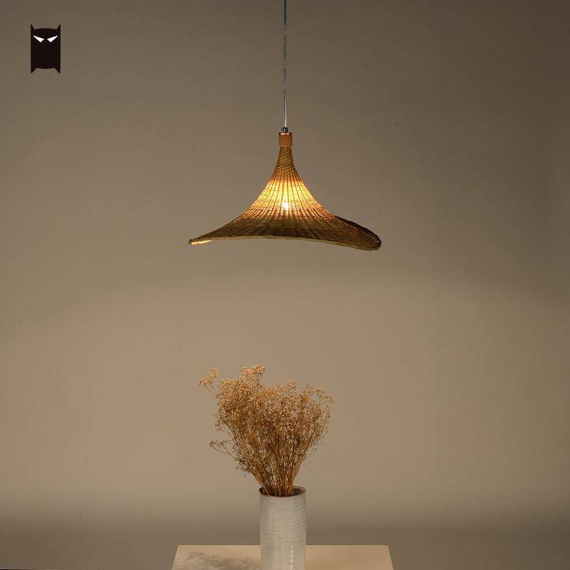 Lustre design en rotin LED avec abat-jour chapeau - vue 5 sur 4