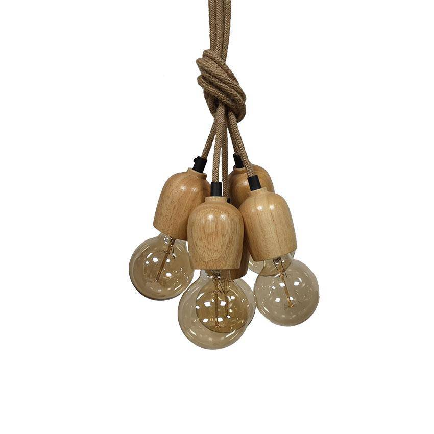 Suspension à 5 lampes en bois suspendues sur cordages - vue 4 sur 4