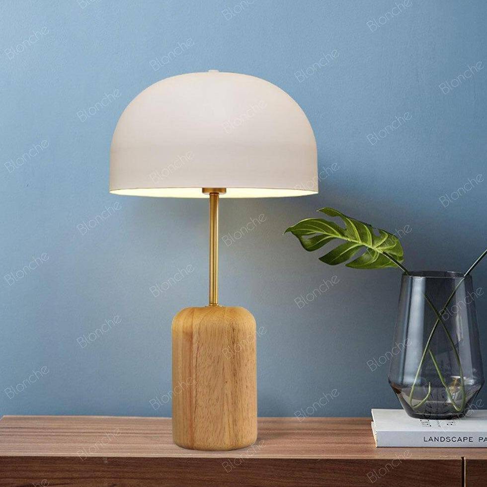 Lampe à poser LED en bois avec abat-jour arrondi blanc - vue 4 sur 5