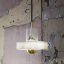 Suspension design LED arrondie dorée et cylindre blanc