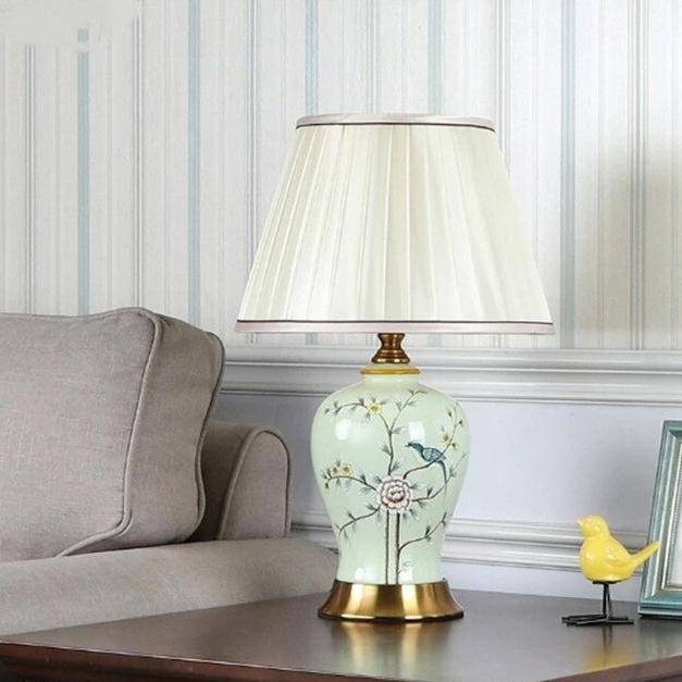 Lampe à poser LED en céramique et fleurs avec abat-jour blanc style Japonais - vue 3 sur 6