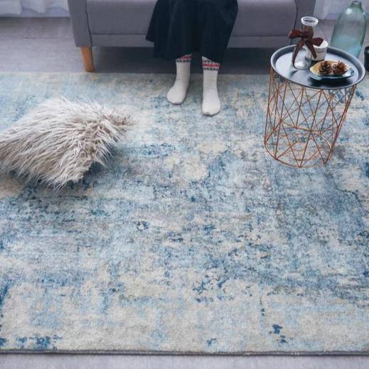 Tapis moderne rectangle au style abstrait beige et bleu - vue 3 sur 3