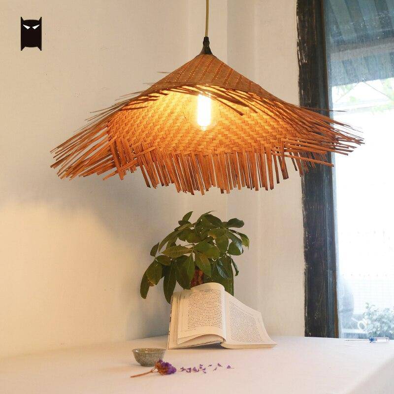Suspension rustique LED avec abat-jour en rotin triangulaire style Asian - vue 4 sur 6