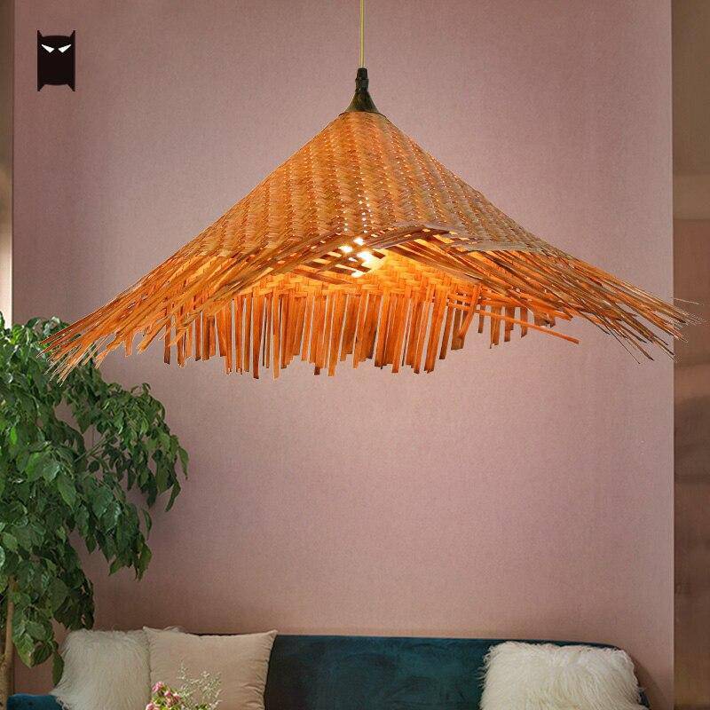 Suspension rustique LED avec abat-jour en rotin triangulaire style Asian - vue 5 sur 6