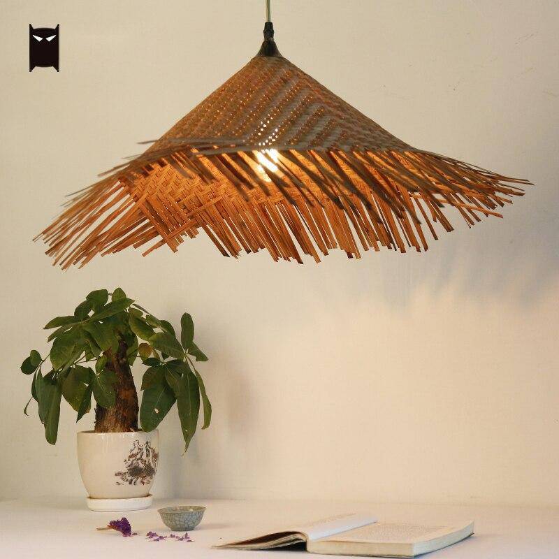 Suspension rustique LED avec abat-jour en rotin triangulaire style Asian - vue 6 sur 6