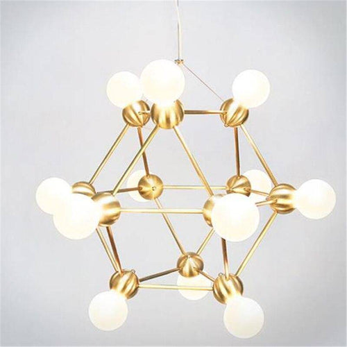 Lustre design géométrique avec plusieurs bras dorés et boules Molecule