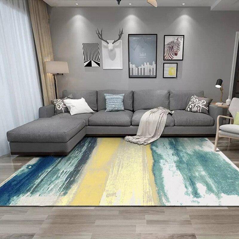 Tapis design rectangle tableau abstrait bleu et jaune Area - vue 3 sur 3