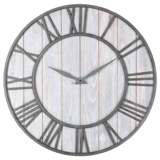 Horloge murale ronde en bois et métal avec chiffres romain style industriel 40cm - vue 4 sur 6