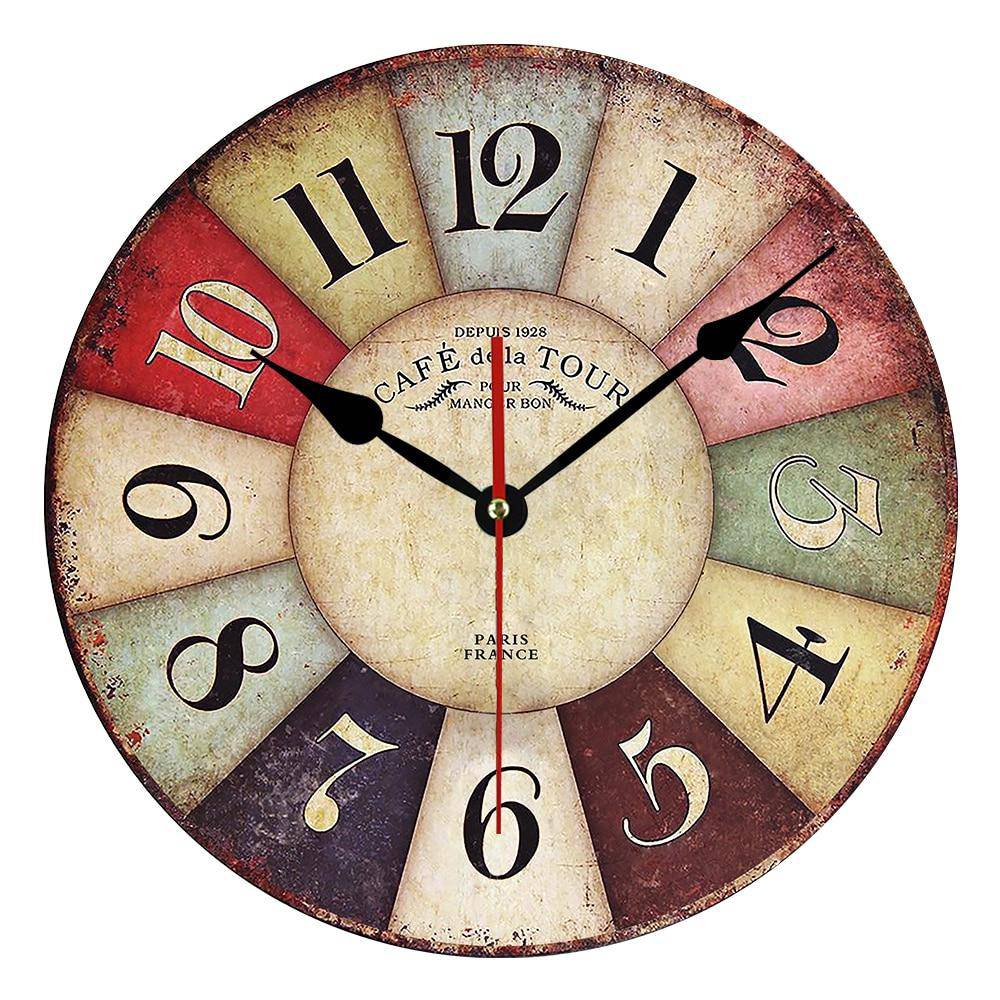 Horloge murale ancienne ronde style vintage en bois Rustic - vue 3 sur 3