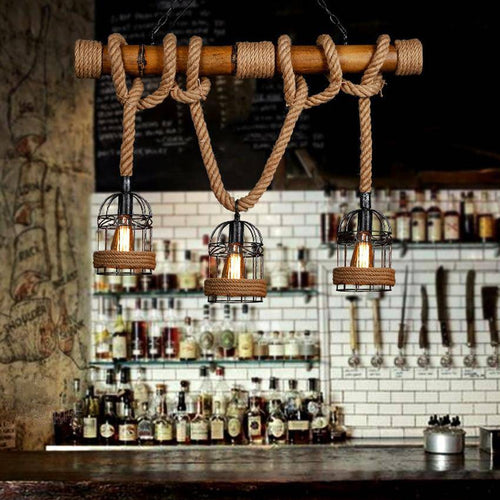 Suspension rustique LED en bois avec corde et plusieurs cage en métal style rétro