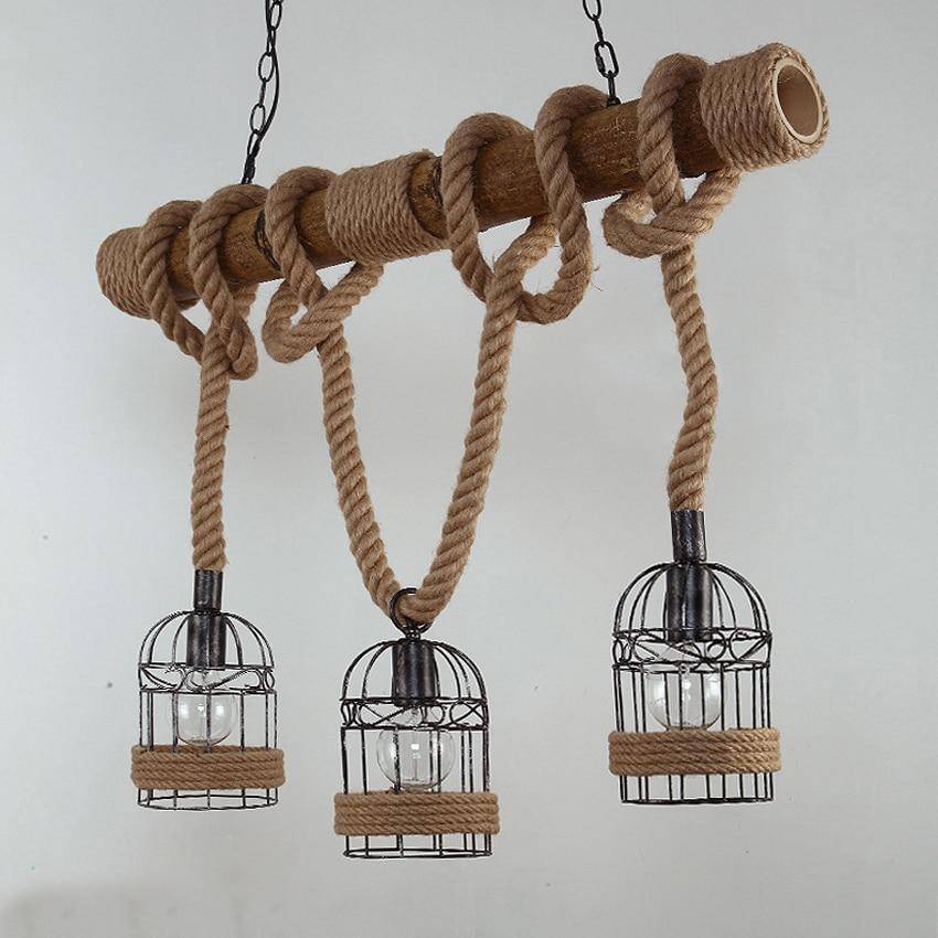 Suspension rustique LED en bois avec corde et plusieurs cage en métal style rétro - vue 5 sur 7