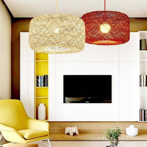 Suspension en rotin LED avec abat-jour arrondi coloré