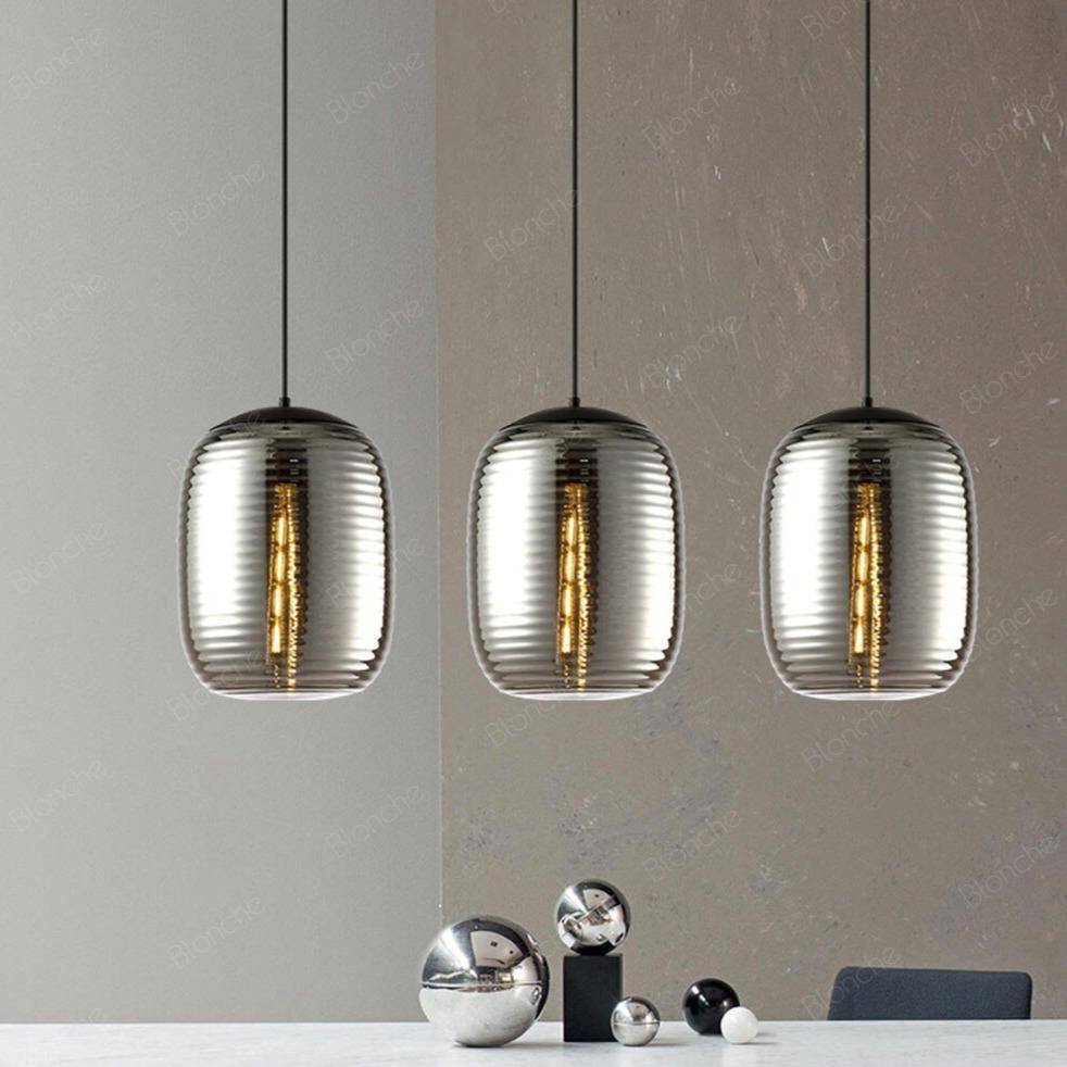 Suspension design LED en verre oval à traits et métal industriel - vue 3 sur 8