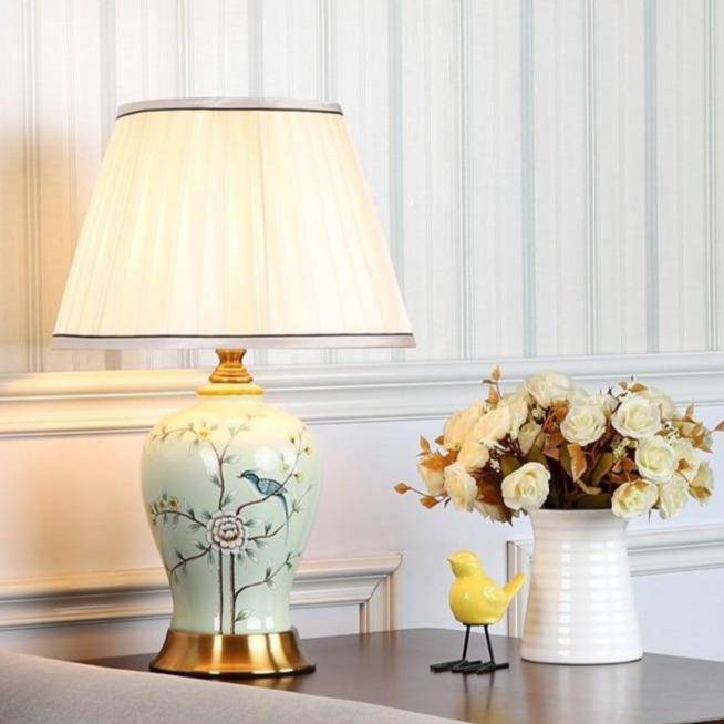 Lampe à poser LED en céramique et fleurs avec abat-jour blanc style Japonais - vue 4 sur 6