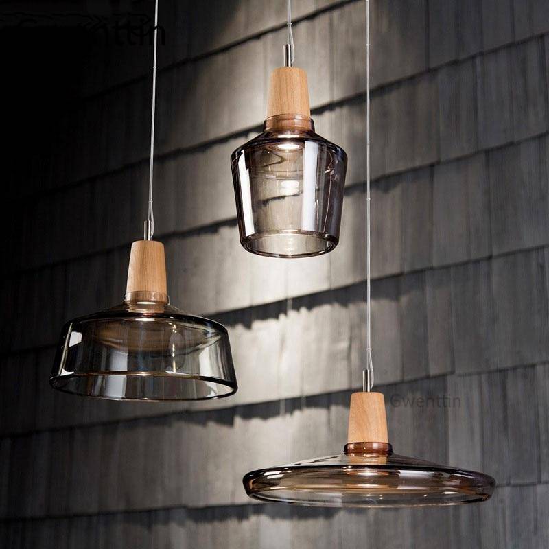 Suspension design LED en bois avec abat-jour arrondi en verre Nordic - vue 3 sur 15