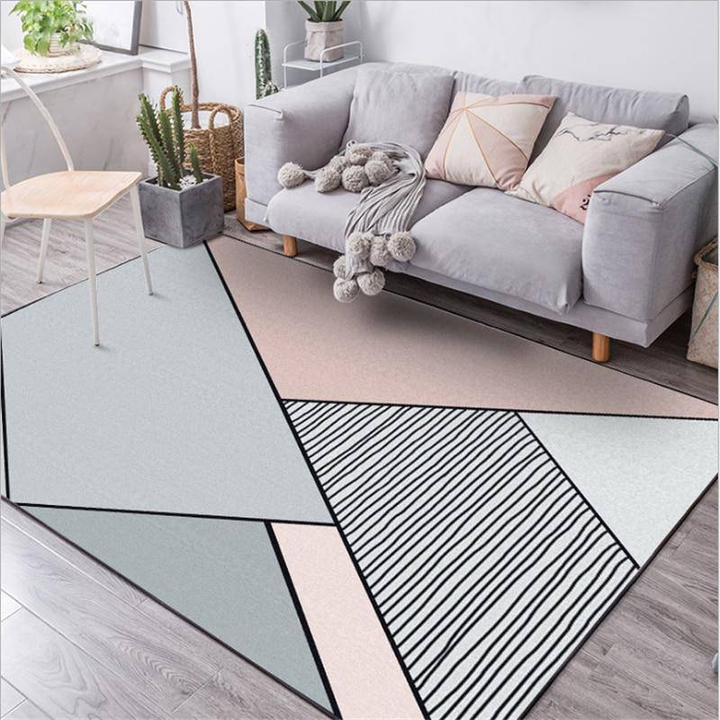 Tapis rectangle gris et rose style géométrique - vue 3 sur 3