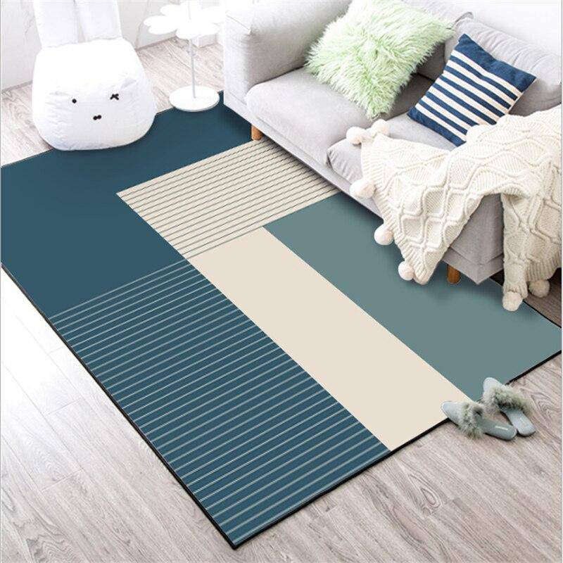 Tapis rectangle moderne design aux formes géométriques bleues - vue 4 sur 5