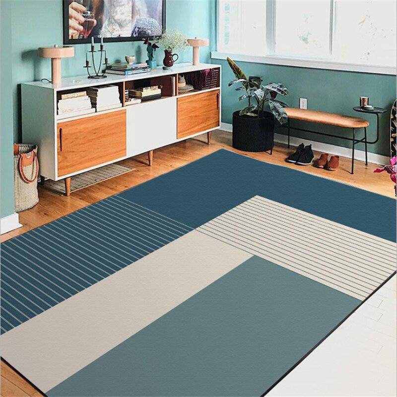Tapis rectangle moderne design aux formes géométriques bleues - vue 3 sur 5