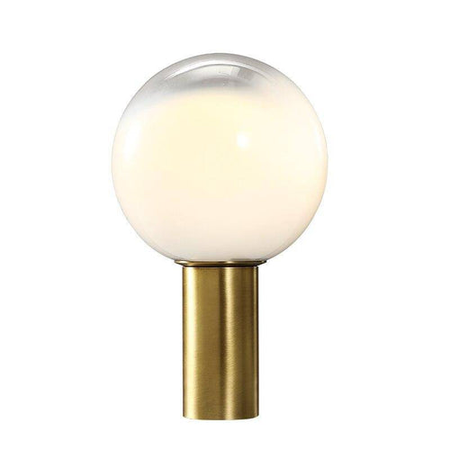 Lampe à poser design LED de forme cylindrique dorée et boule en verre blanc