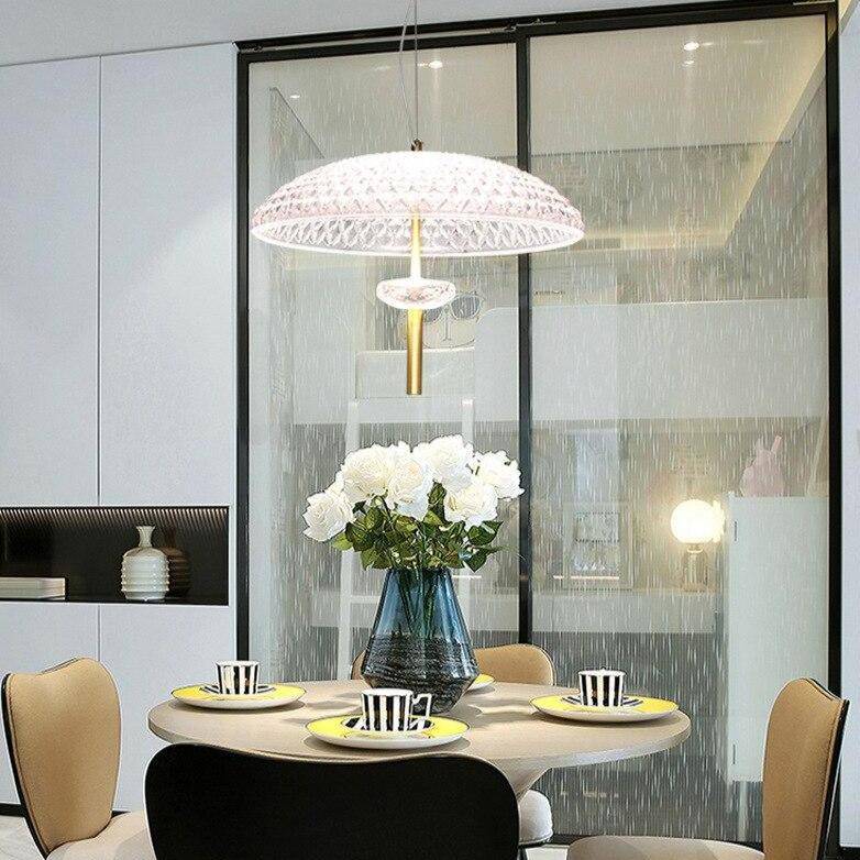 Suspension moderne LED en verre avec abat-jour arrondi et tige dorée - vue 3 sur 7