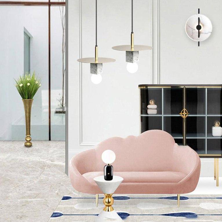 Suspension design LED avec cube en marbre et disque doré - vue 9 sur 11