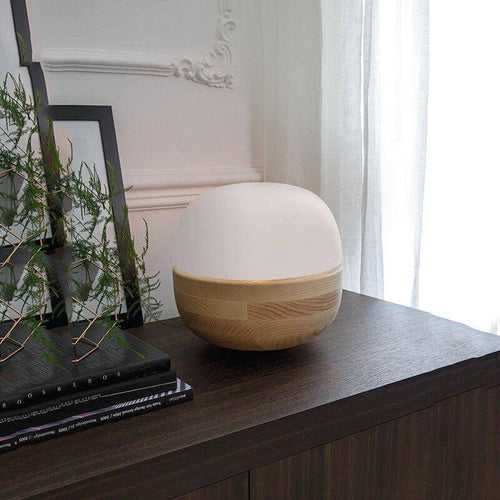 Lampe à poser moderne LED avec base en bois et socle en verre arrondie