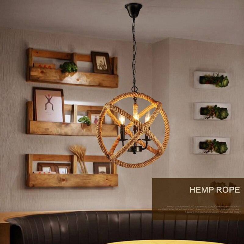 Suspension rustique LED avec cercle de cordage - vue 3 sur 6
