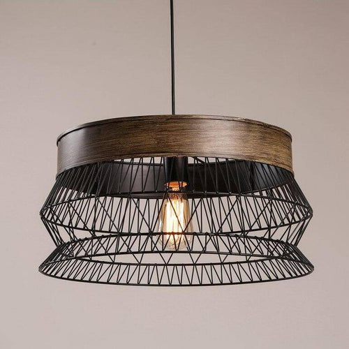 Suspension rétro LED avec disque en bois et cage métal