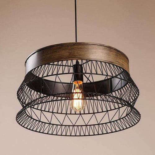Suspension rétro LED avec disque en bois et cage métal