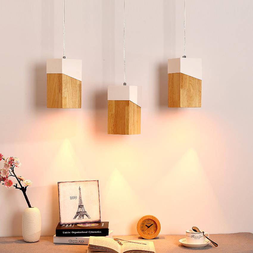 Suspension moderne LED en cube de bois design - vue 3 sur 8