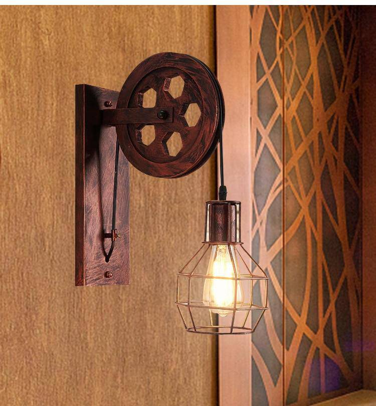 Applique murale rustique poulie avec cage industrielle - vue 3 sur 5