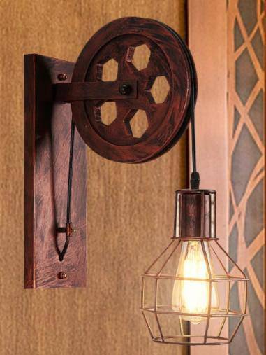 Applique murale rustique poulie avec cage industrielle - vue 4 sur 5