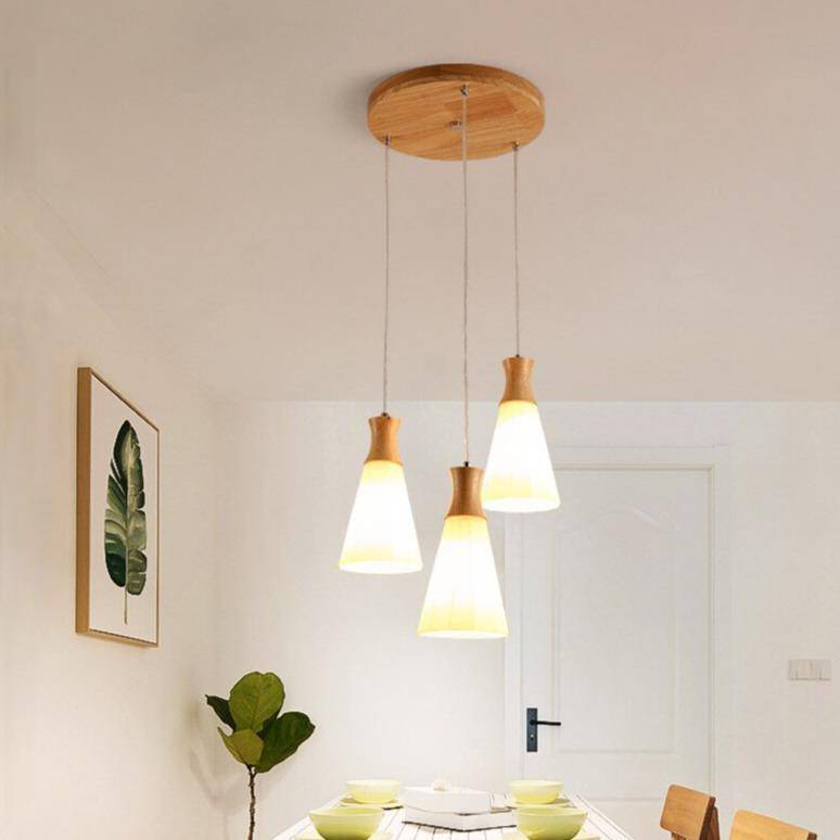 Suspension scandinave LED blanche avec abat-jour bois - vue 3 sur 7