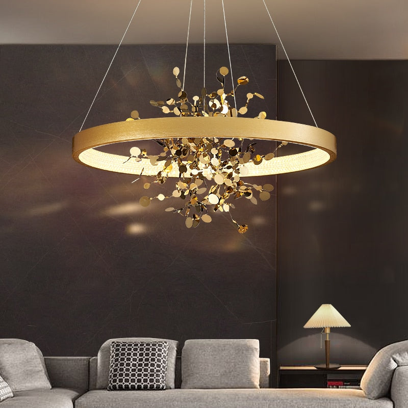 Lustre moderne LED avec anneau et feuilles dorées Bahia - vue 3 sur 5