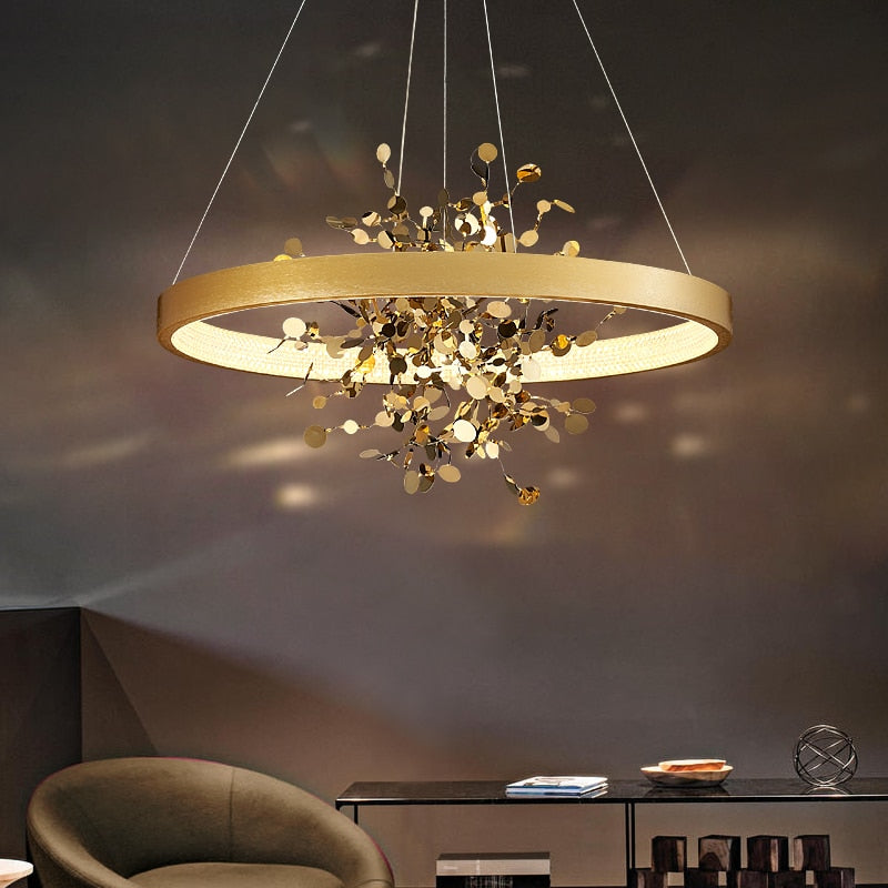 Lustre moderne LED avec anneau et feuilles dorées Bahia - vue 6 sur 5