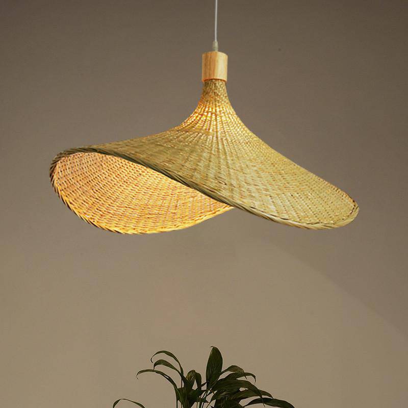 Suspension en rotin à LED style chapeau rustique beige - vue 5 sur 5