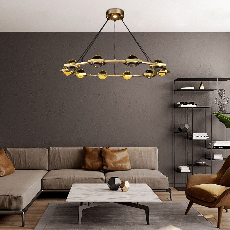 Lustre moderne luxe circulaire en cuivre et cristal Pryccilia - vue 4 sur 10